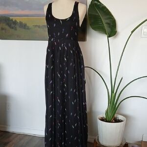 Rebecca Minkoff Sunita Pleated Black Chiffon Maxi Dress with Bird Print